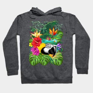 Blue Macaw Parrot Floral Portrait coming out of Exotic Jungle Hoodie